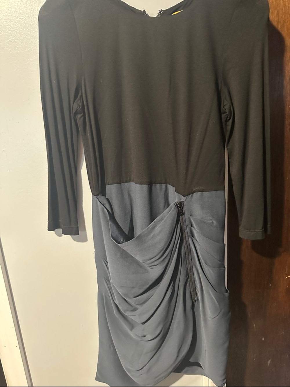 Alice + Olivia Black and Gray Draped Waist Long Sleeve Dress